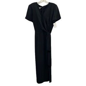 Vintage Maggie London Long Black Short Sleeved V-Necked Dress Side Tie Size 10
